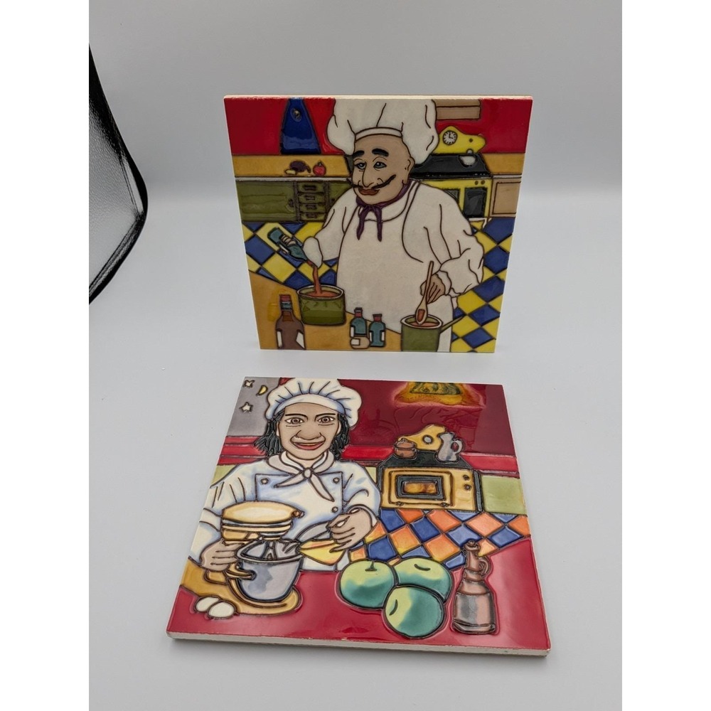 Vintage Italian Tile Chef 8 x 8 Ceramic Wall Tiles / Trivets w/Stand Set of 4 - Picture 6 of 12